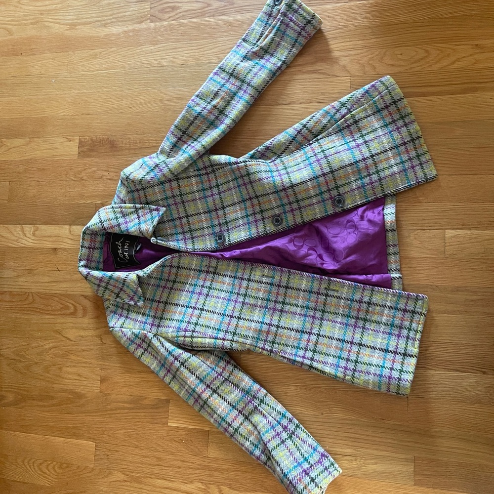 COACH Wool Purple and Gray Plaid Peacoat XS - Picture 4 of 7